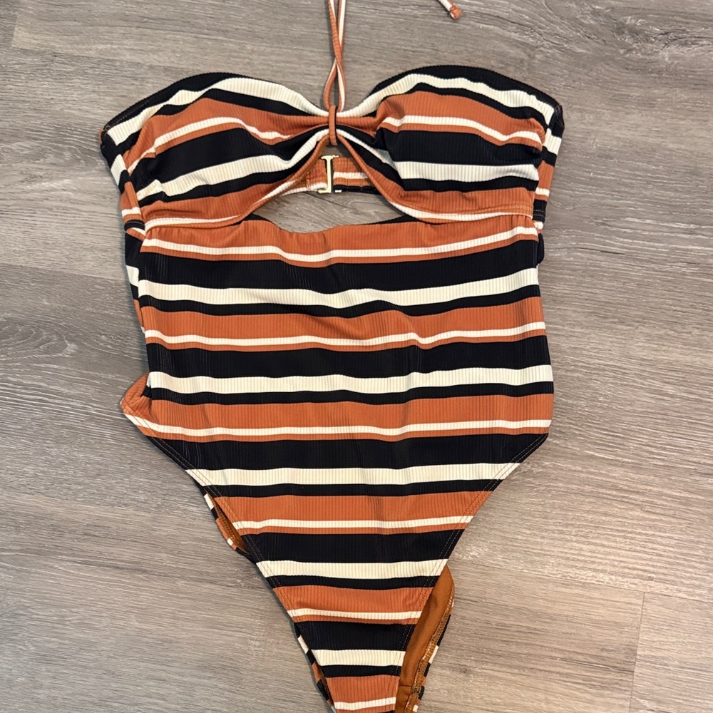 Forever 21 Striped One Piece Swimsuit - Black, White, Orange